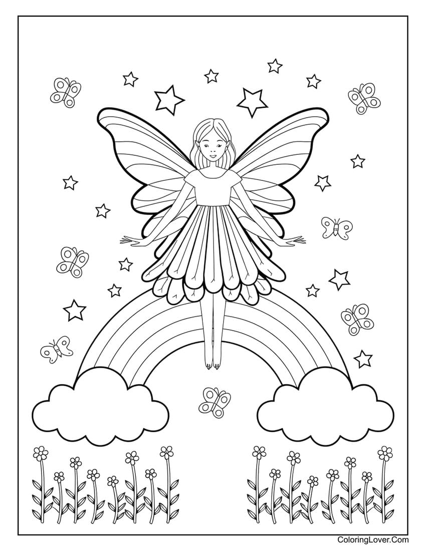 fairy standing on rainbow coloring page for girls