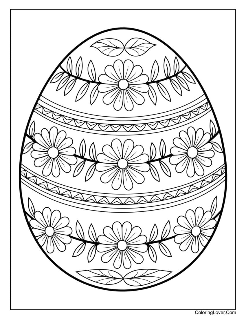 Floral Easter egg with daisy designs coloring page
