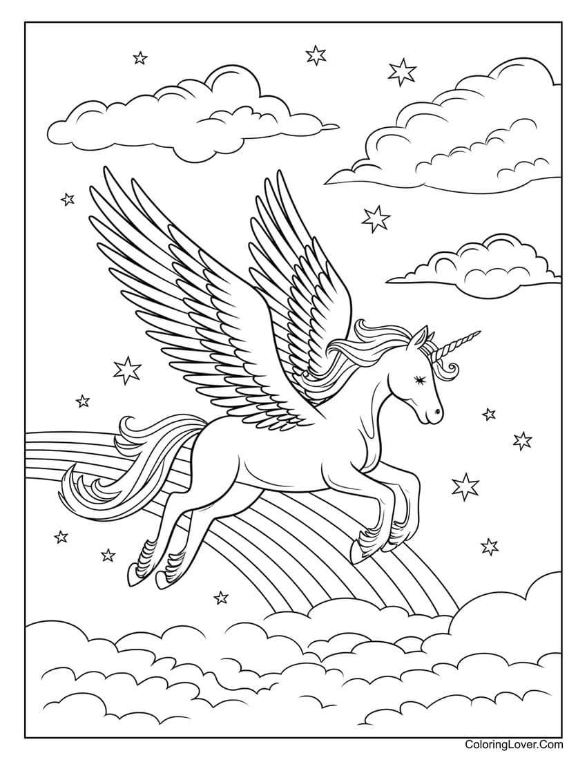 Flying winged unicorn over rainbow coloring sheet