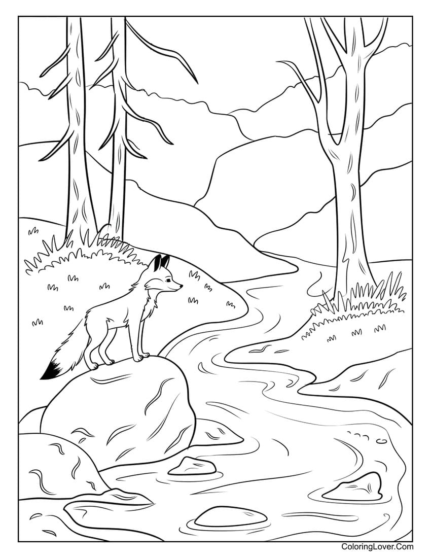 fox by the river coloring page