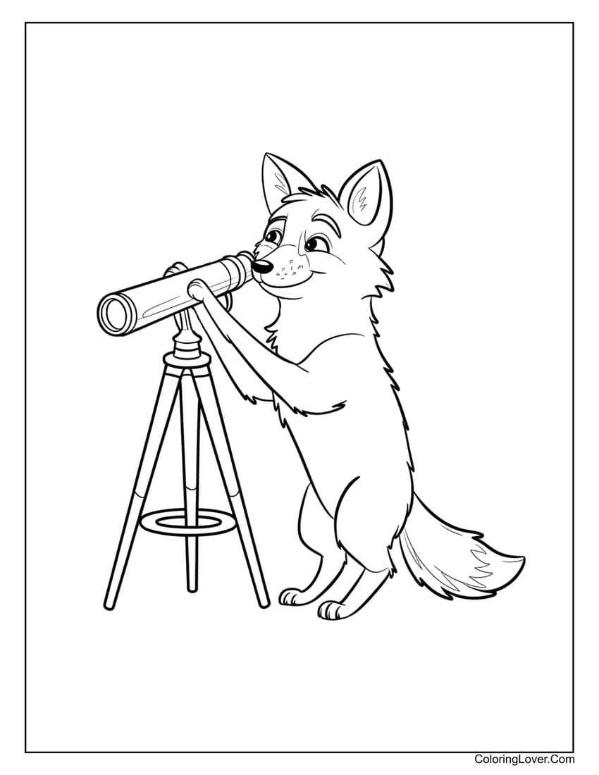 fox looking through telescope coloring page