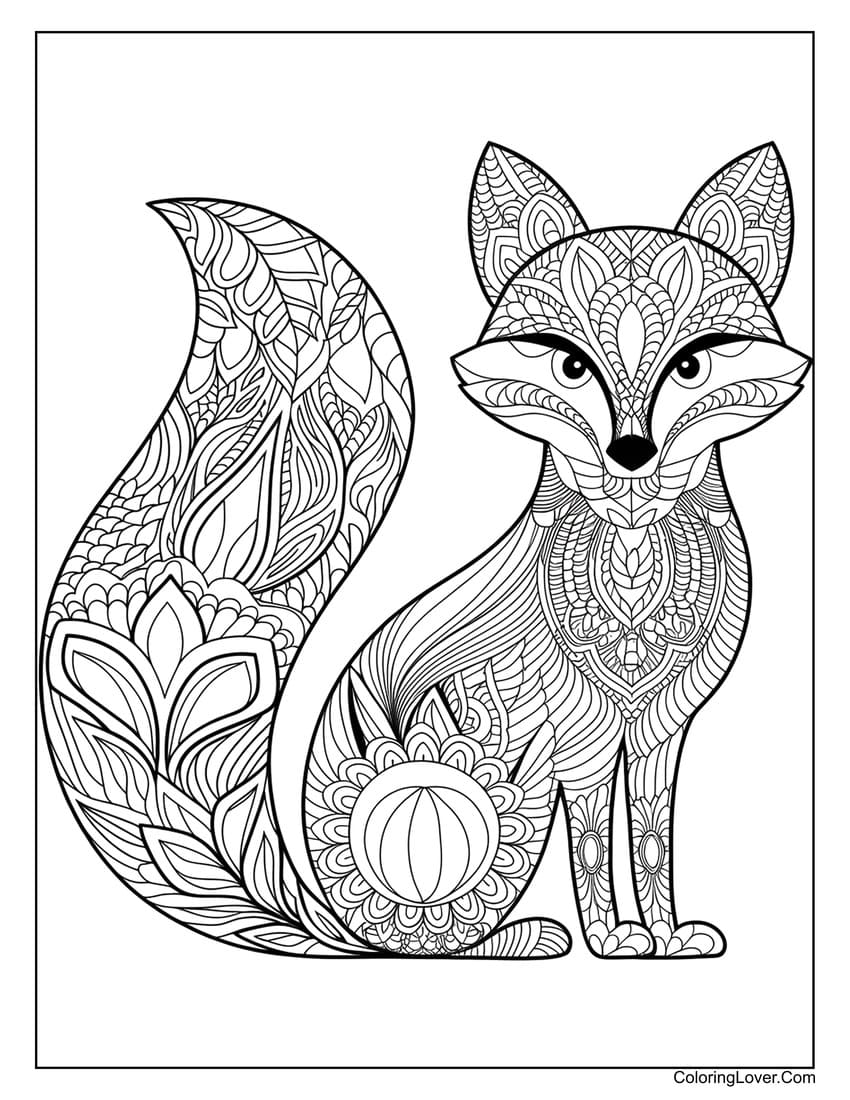 fox mandala coloring sheet with detailed patterns