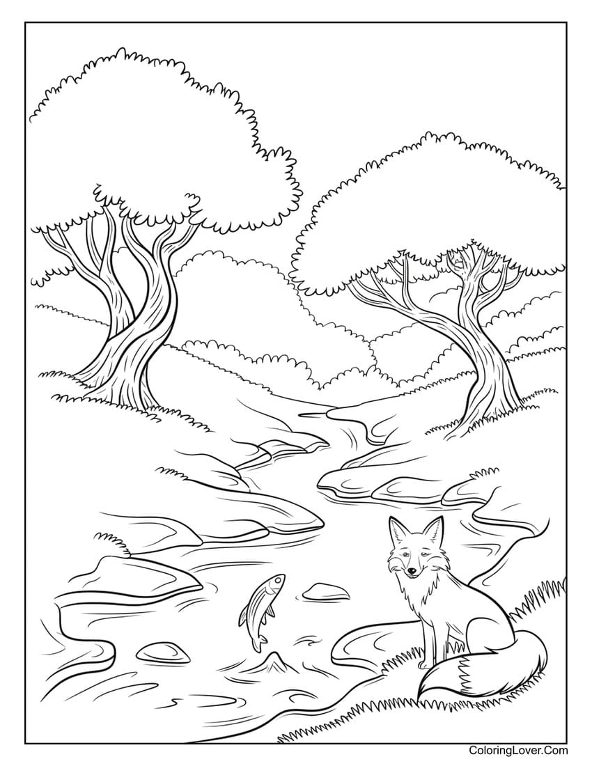 fox near stream with fish coloring page for kids