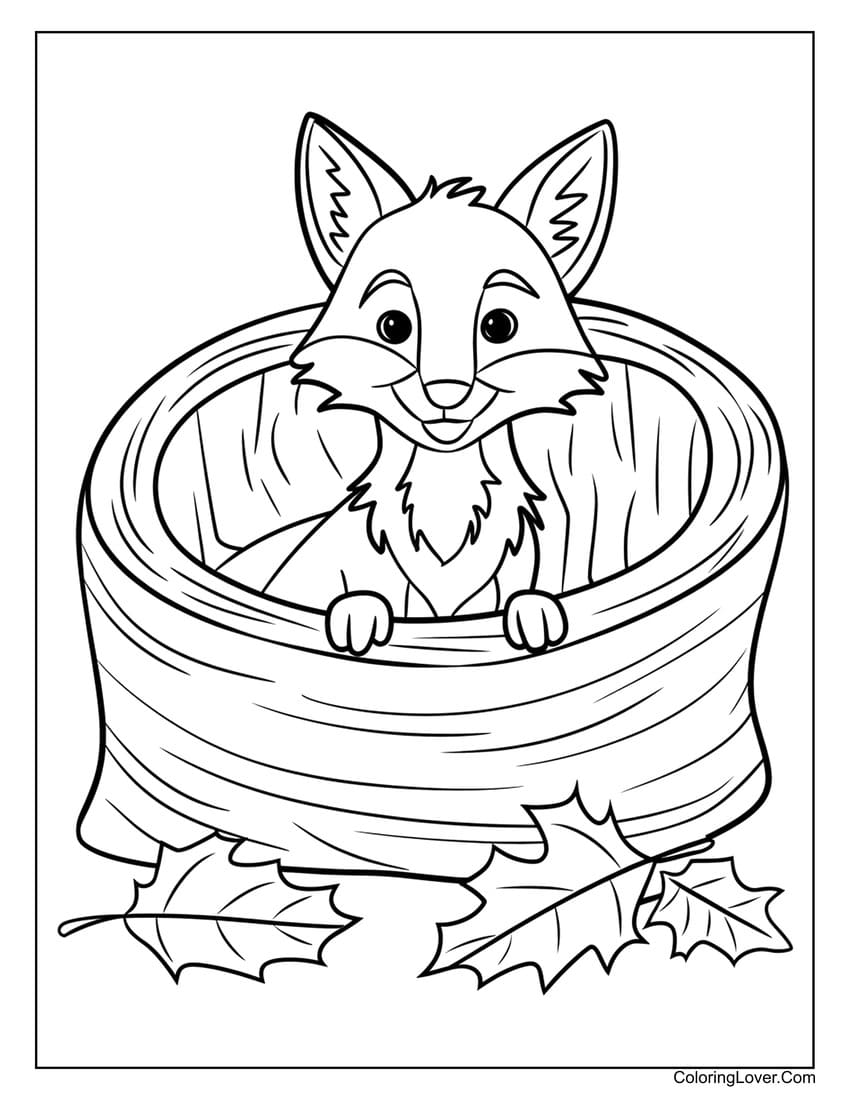 fox peeking from tree stump coloring page