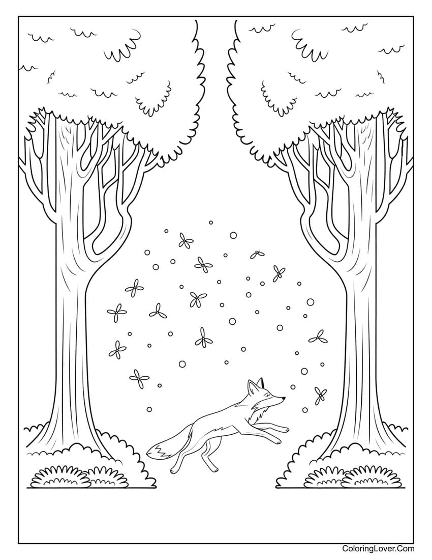 fox running through trees coloring page