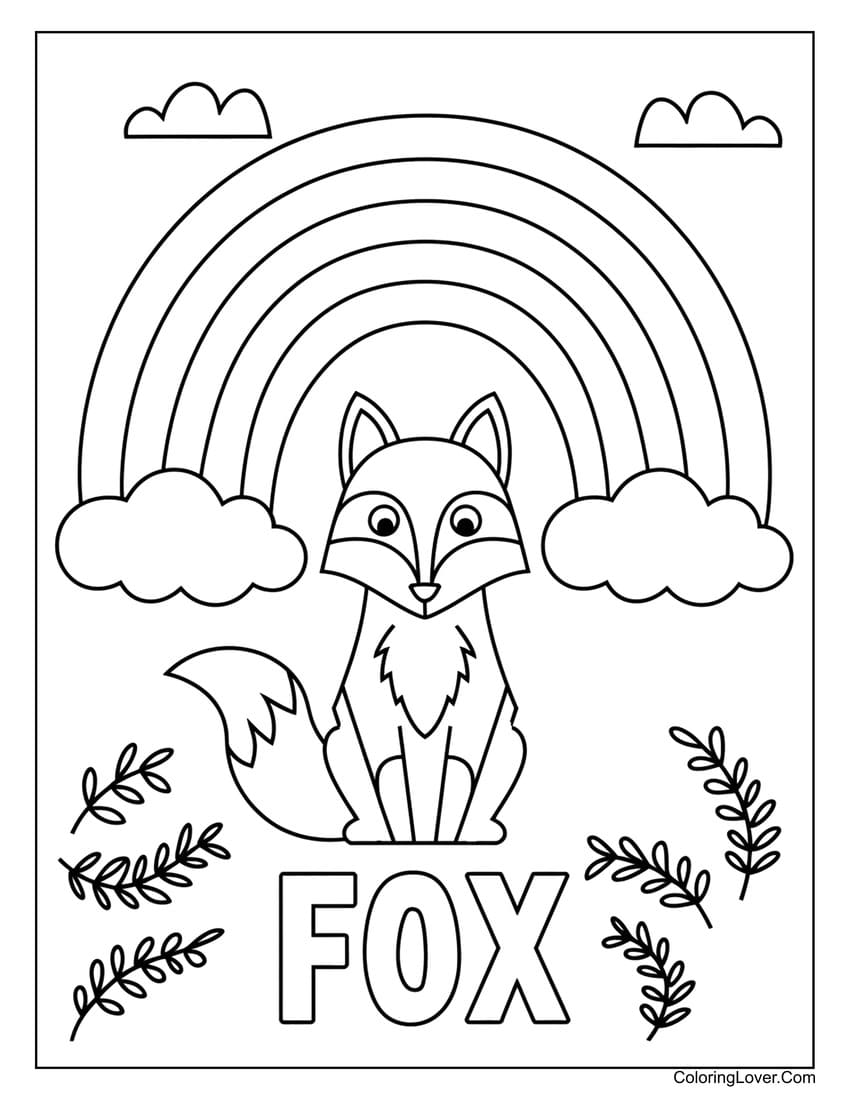 Fox sitting under rainbow coloring page for kids