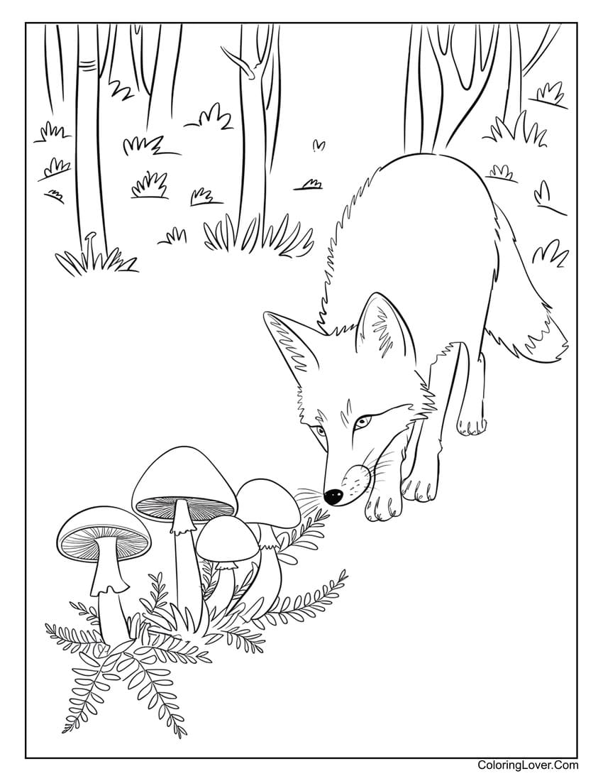 fox sniffing mushrooms coloring page