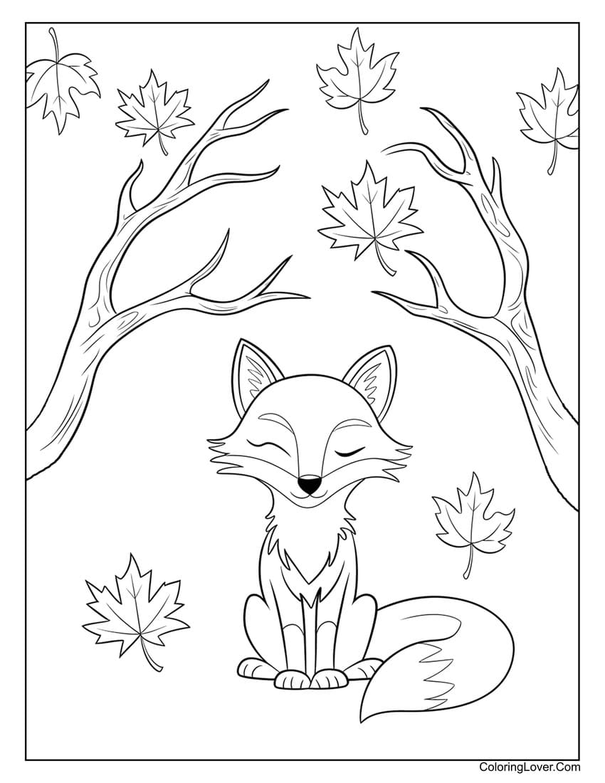 fox surrounded by leaves coloring page