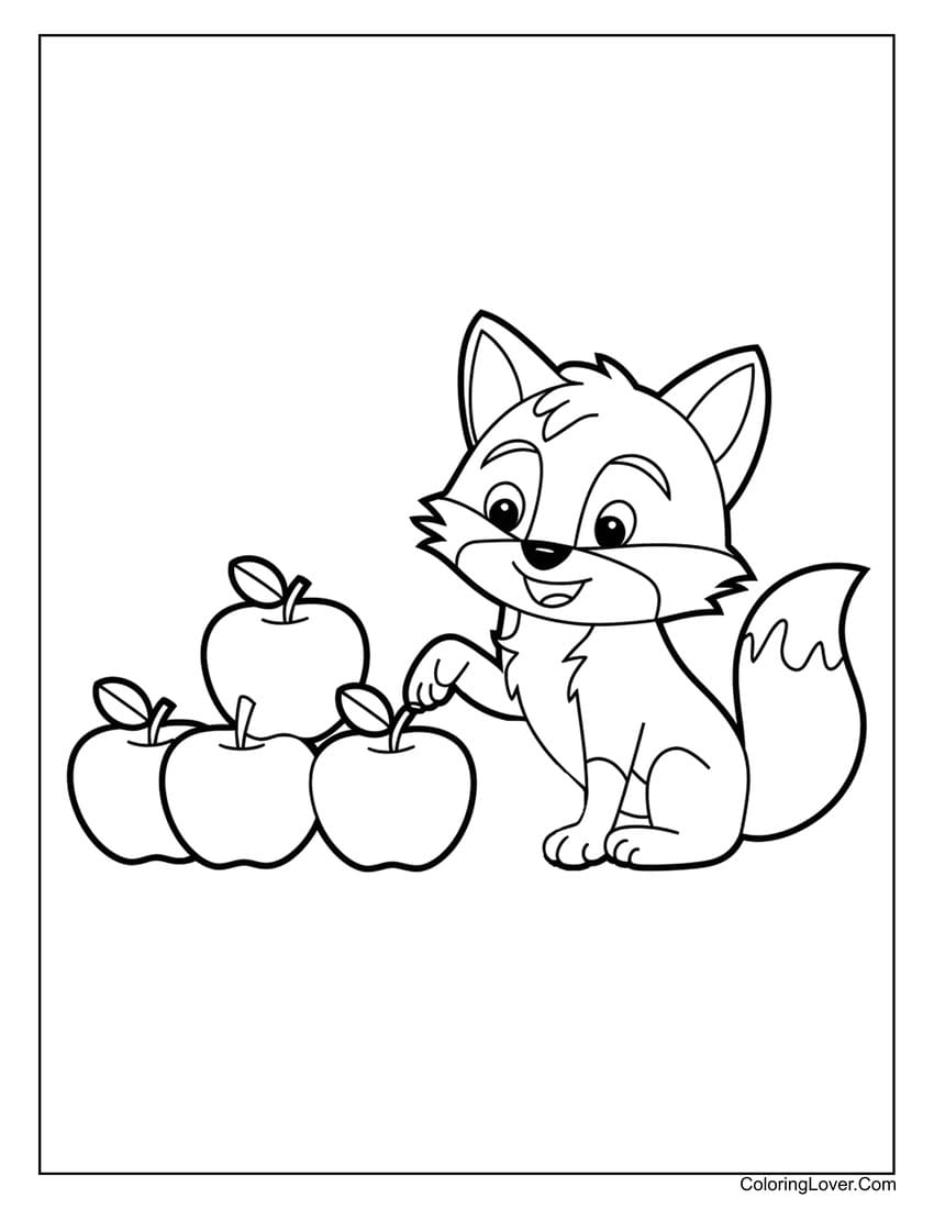 fox with apples coloring page for kids