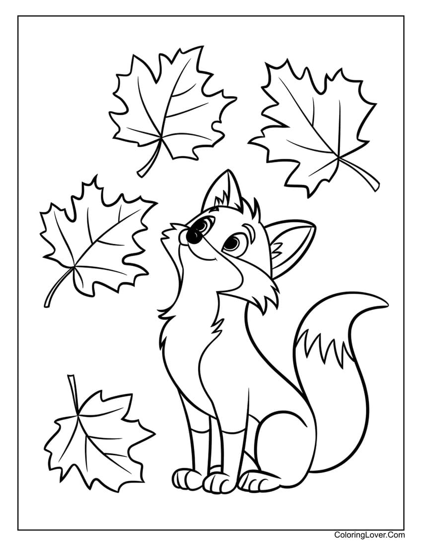 fox with falling leaves coloring page for kids