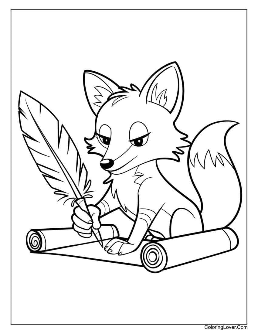 fox writing with quill coloring page