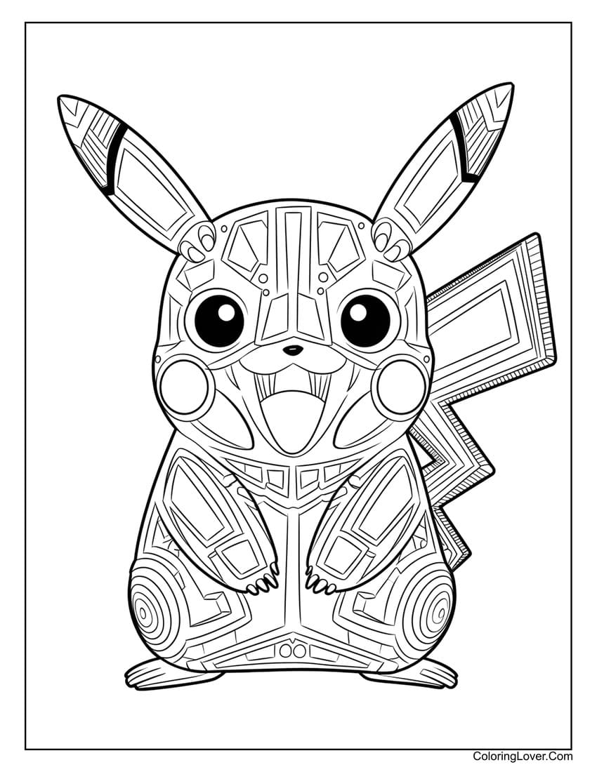 Futuristic Pikachu coloring page with patterns