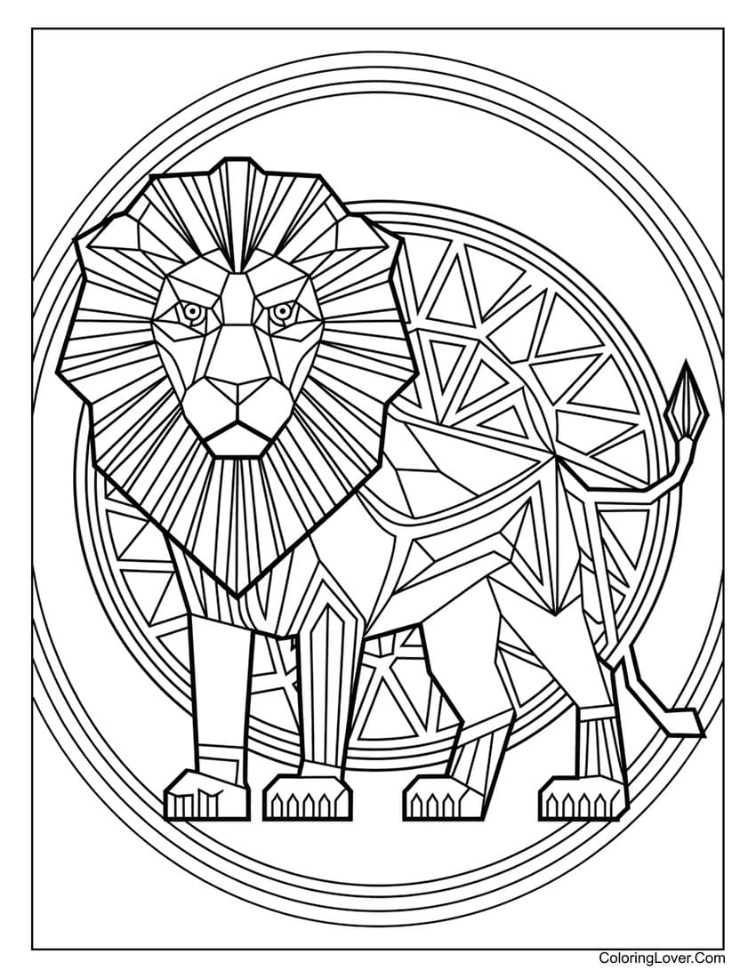 Geometric lion coloring sheet with bold shapes