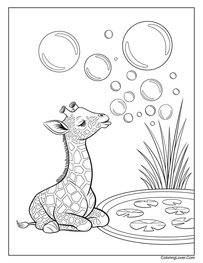 Giraffe blowing bubbles coloring page for kids