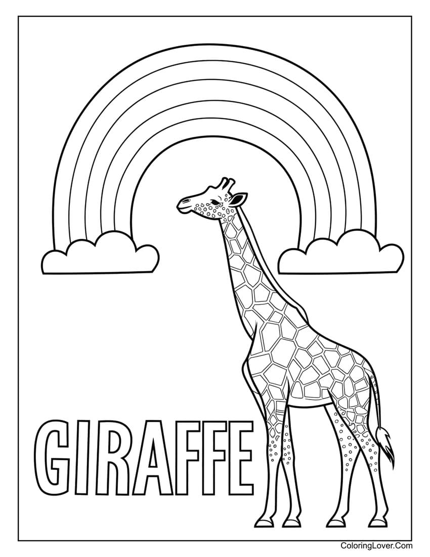 Giraffe standing under rainbow coloring page