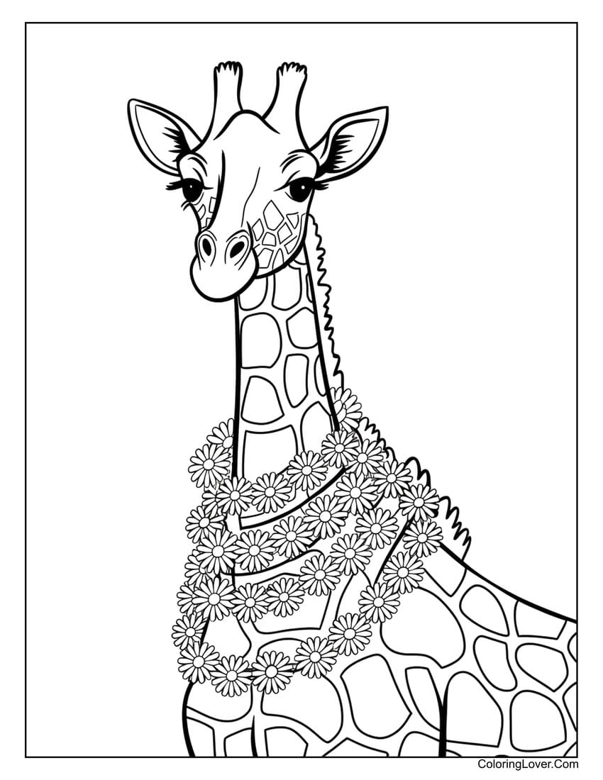 Giraffe with flower garland coloring page for girls