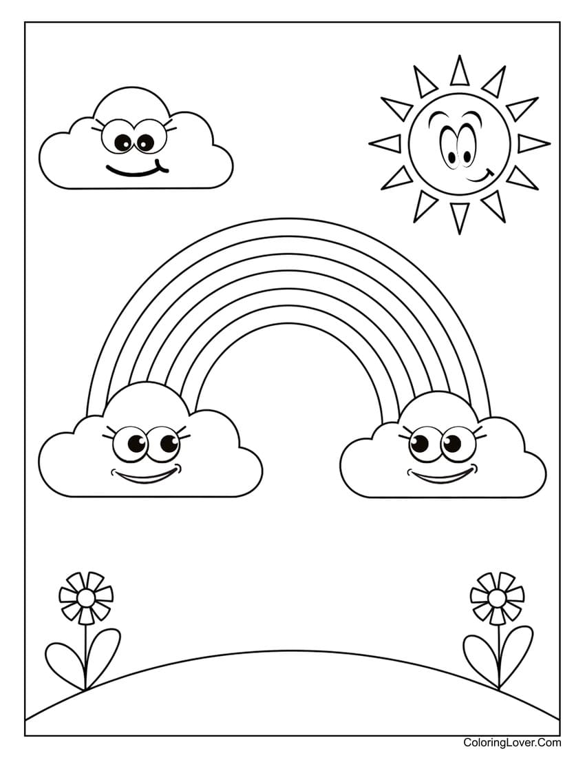 happy clouds and rainbow coloring page for kids