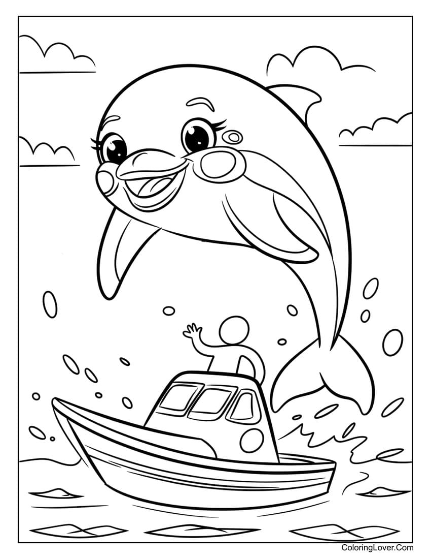 Happy dolphin jumping over a boat coloring page for kids