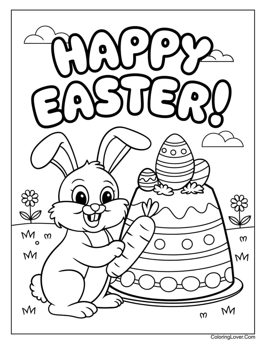 Happy Easter bunny with cake coloring sheet for kids
