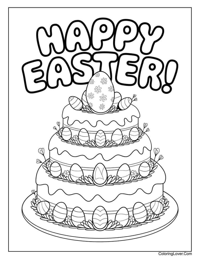 Happy Easter cake with decorated eggs coloring page
