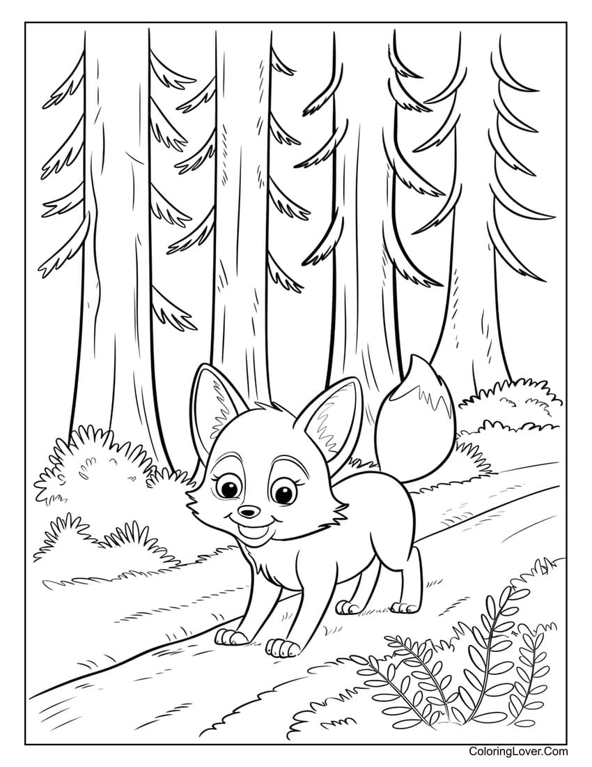 happy fox walking in forest coloring page for kids