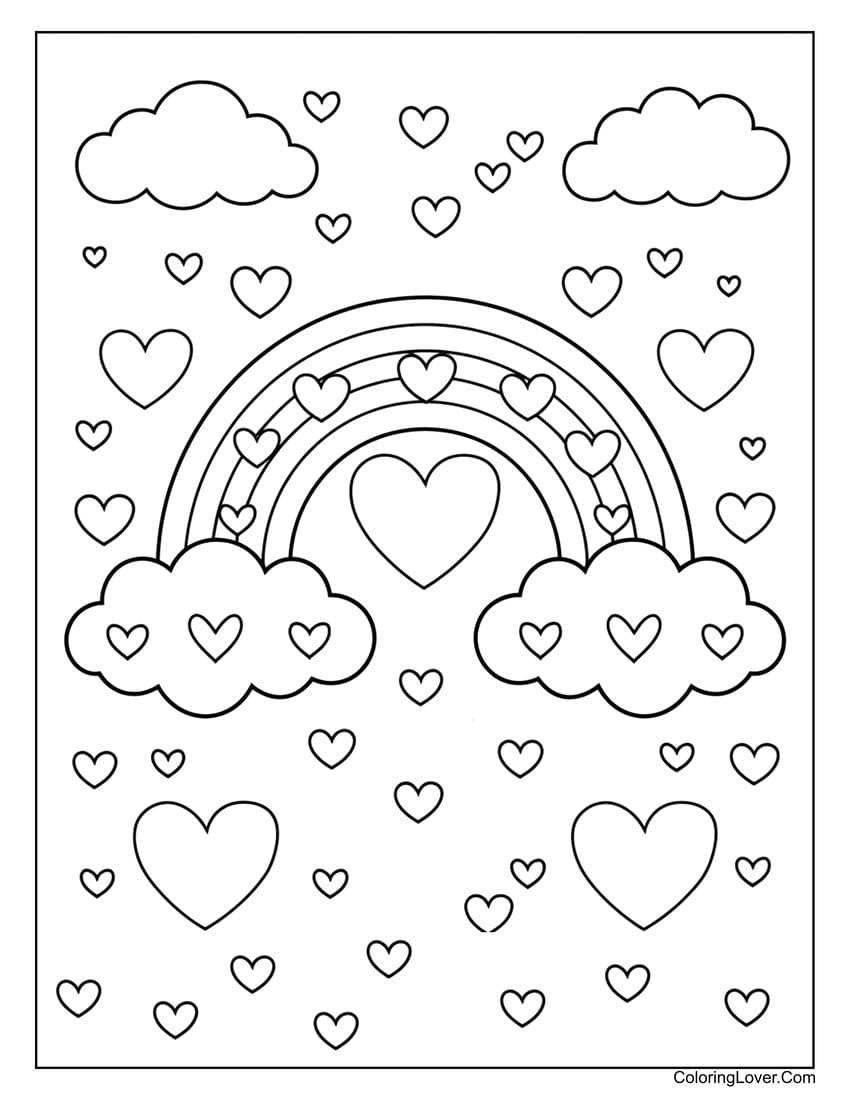 Hearts under rainbow coloring page for girls