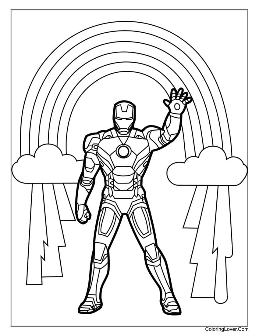 Iron Man standing under rainbow coloring page for boys