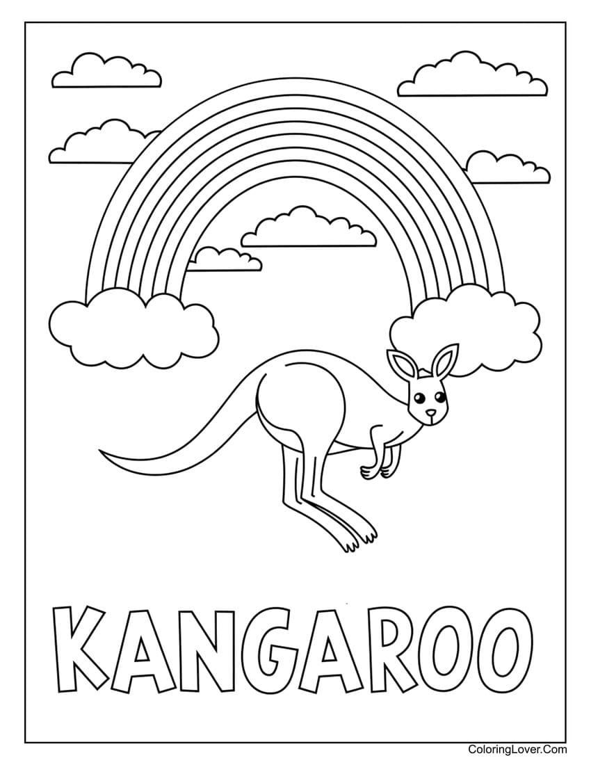 kangaroo jumping under rainbow coloring page