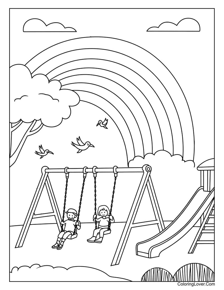 kids on swing with rainbow coloring page