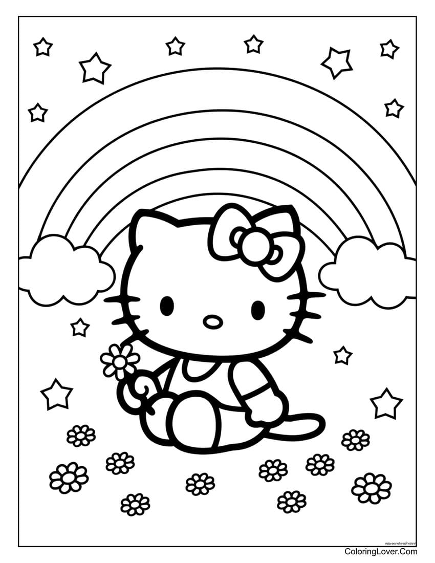 Hello Kitty holding flower under rainbow coloring page