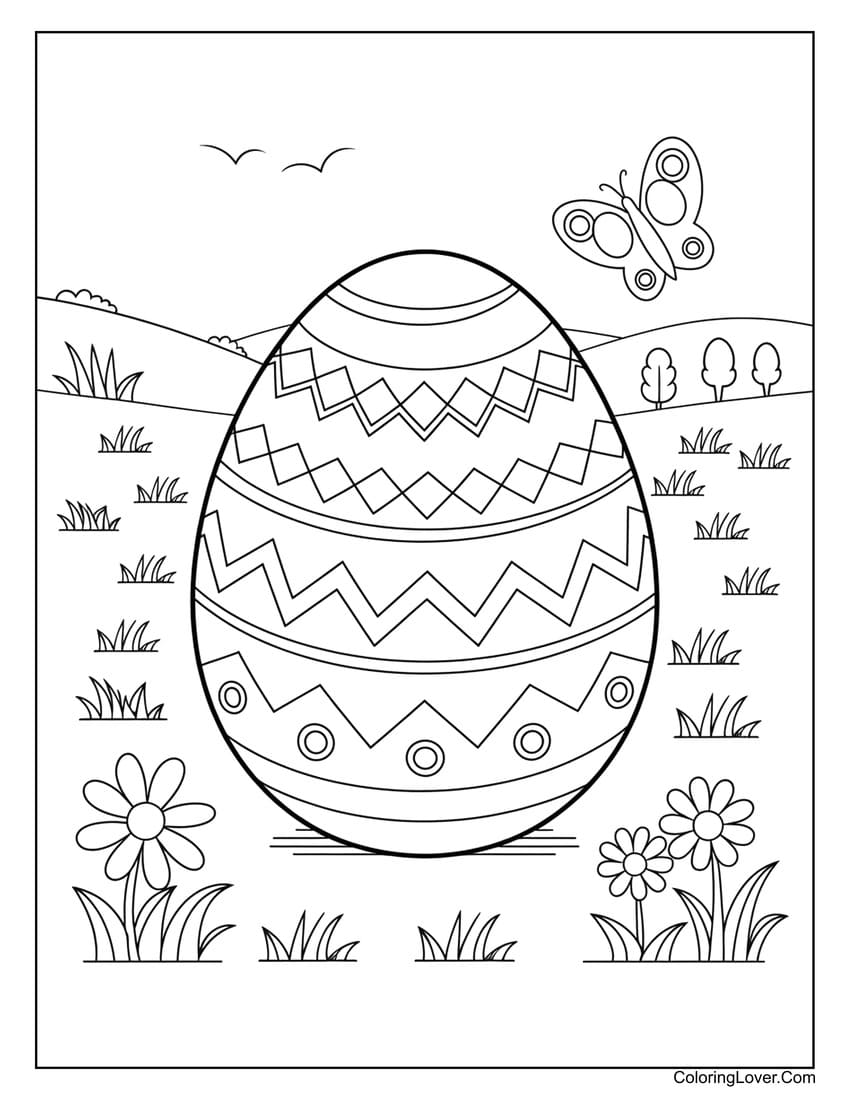 Large decorated Easter egg with flowers in a field coloring page
