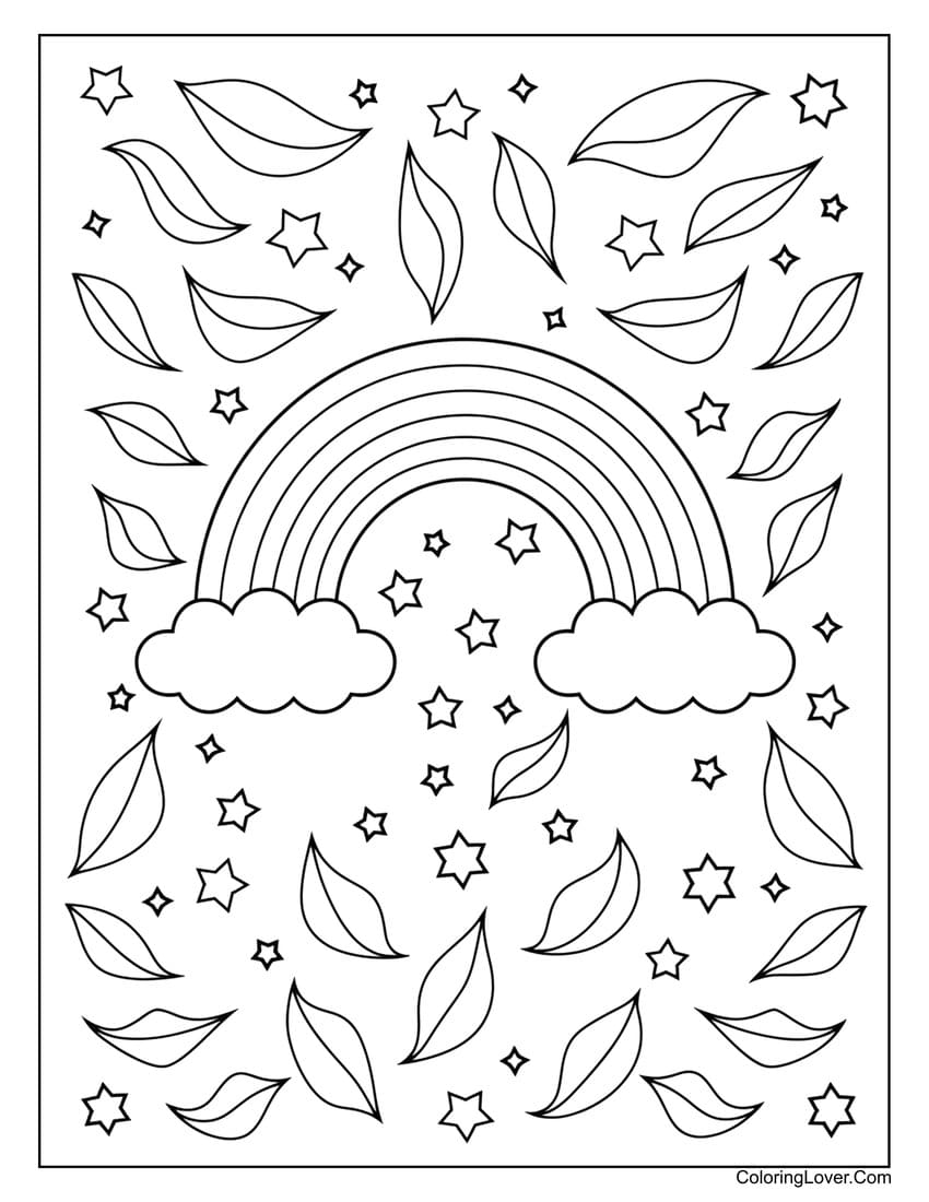 Leaves around rainbow coloring page