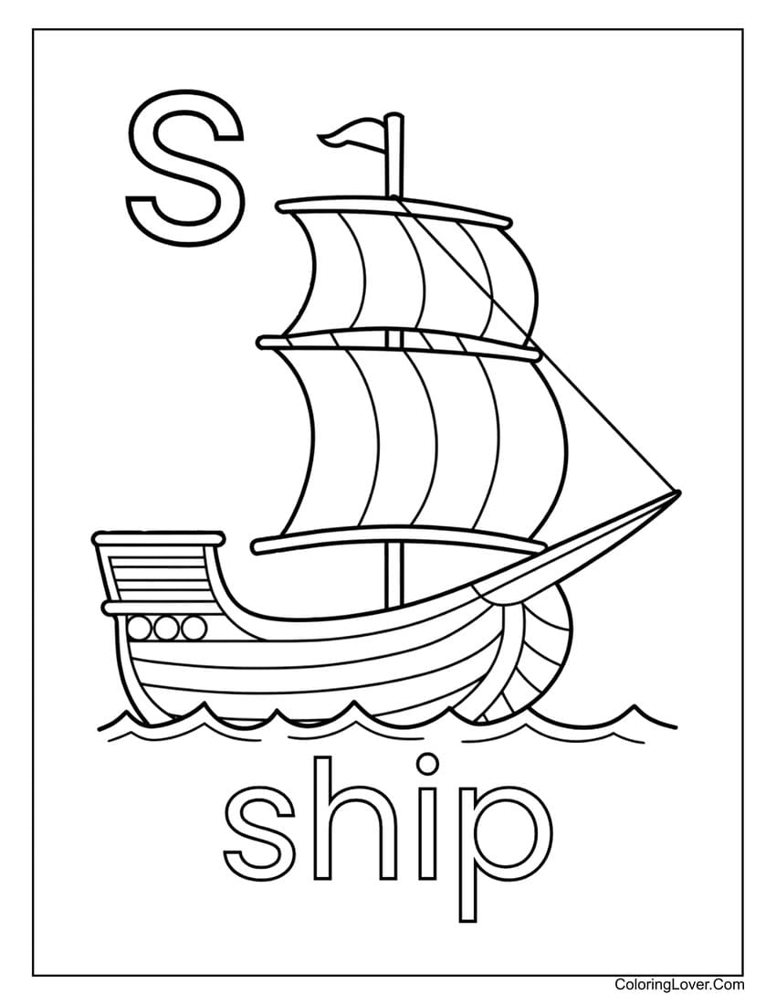 Letter "S" ship coloring page for preschoolers