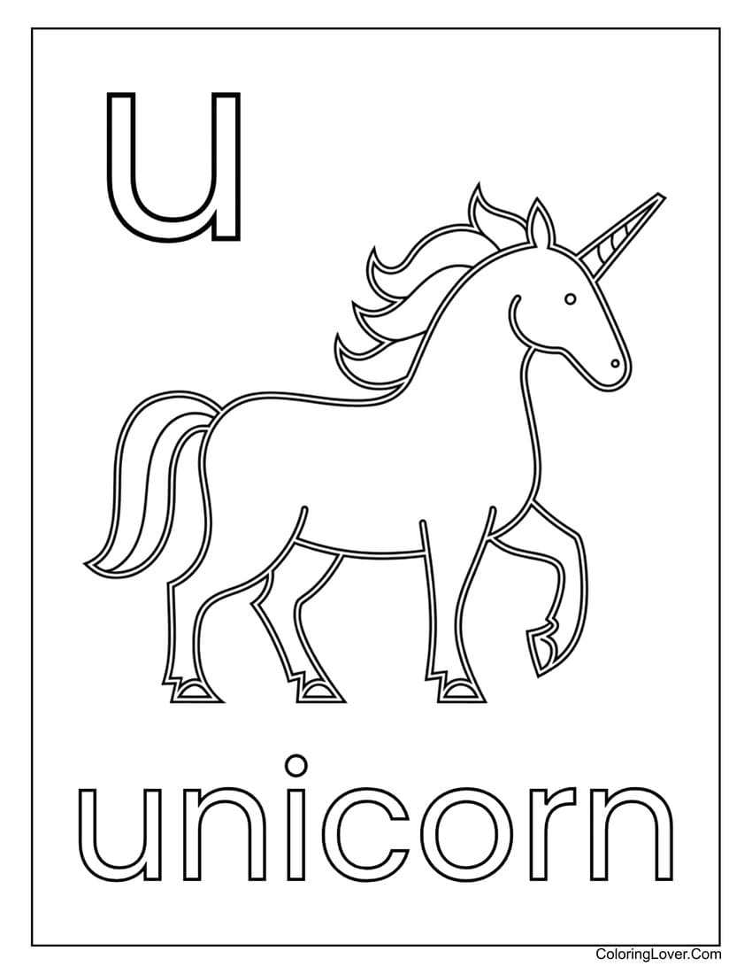 Letter "U" unicorn cream coloring page for preschoolers