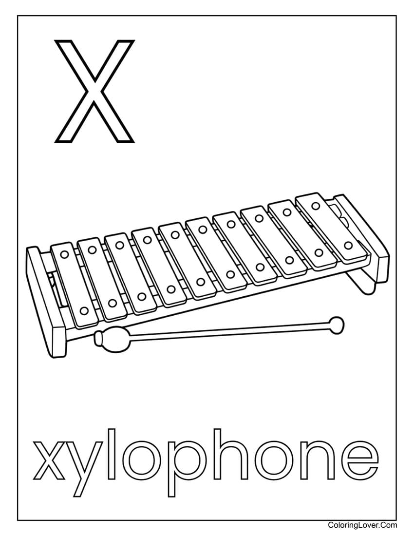 Letter "X" xylophone cream coloring page for preschoolers