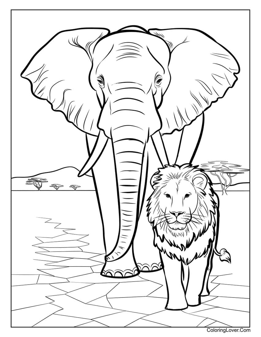 Lion and elephant walking together coloring page