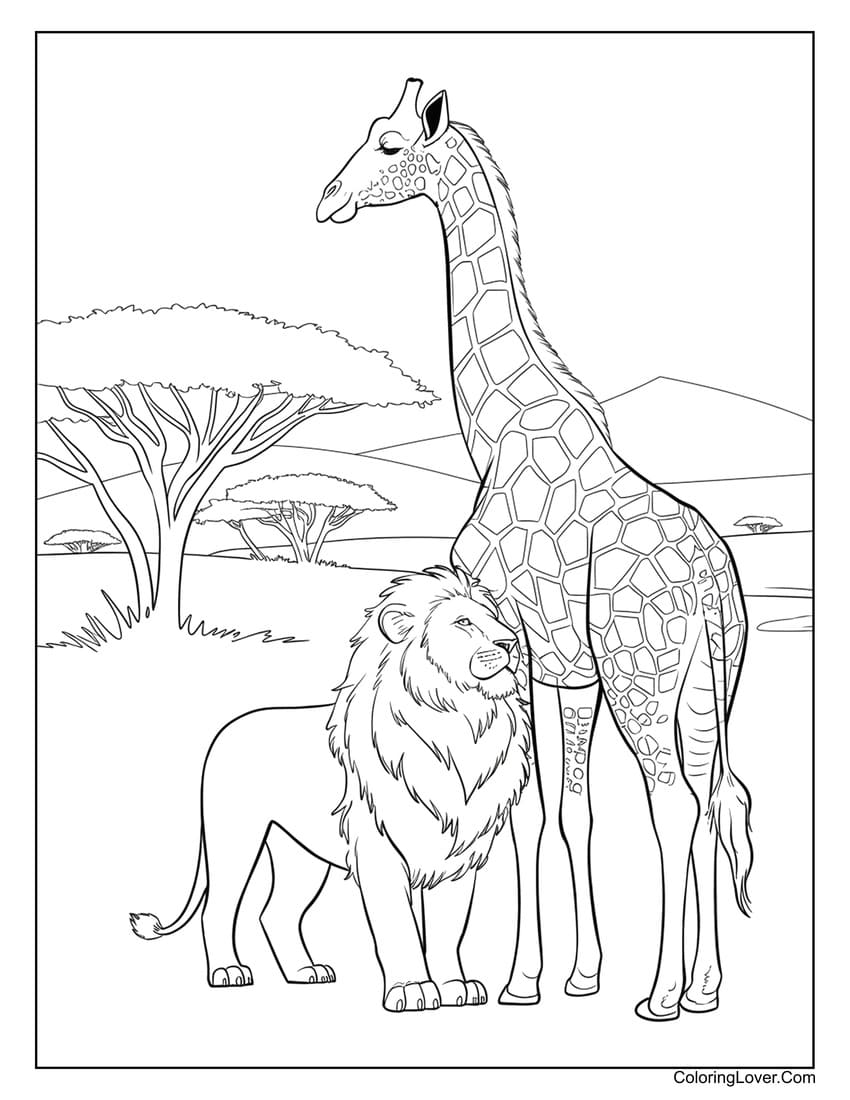 Lion and giraffe in the savannah coloring page