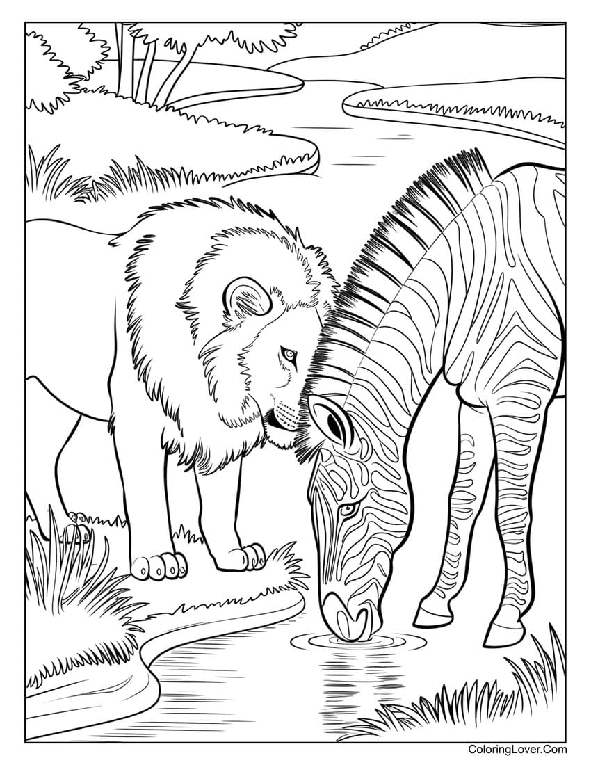 Lion and zebra drinking water coloring page