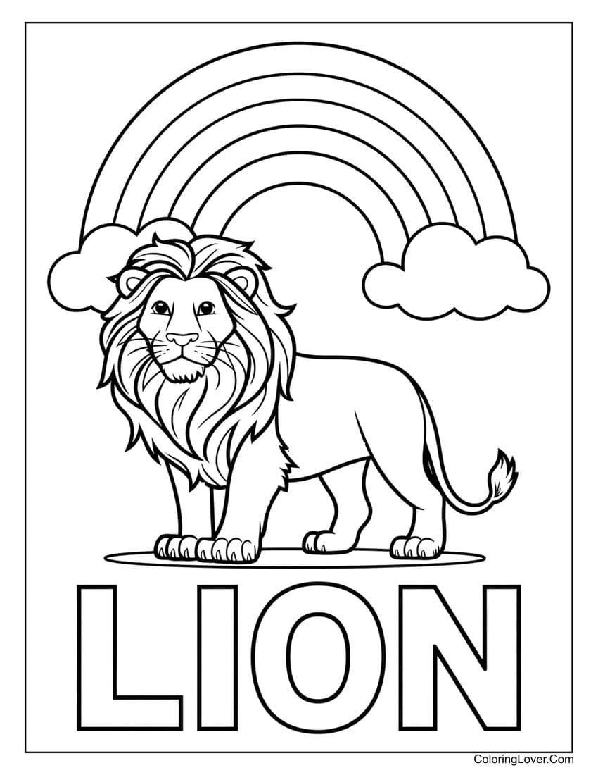 Lion standing under rainbow coloring page for kids