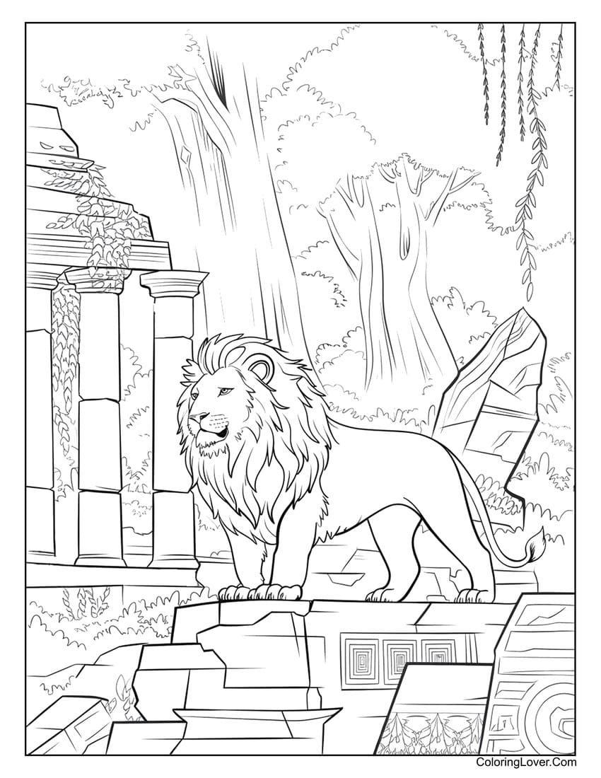 Majestic lion in ancient ruins coloring page for adults