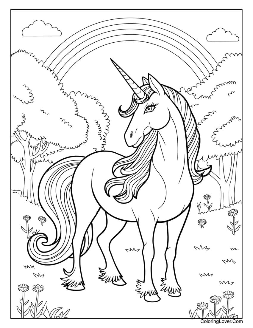 Majestic unicorn under rainbow coloring page