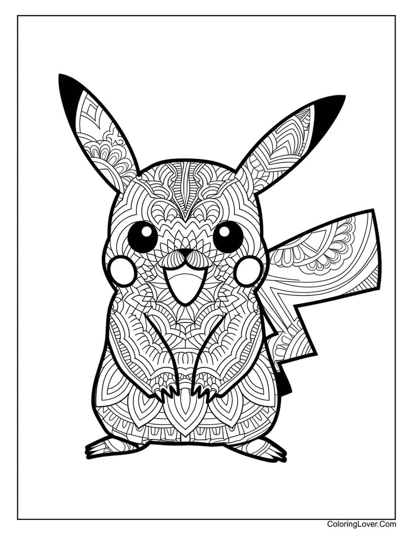 Mandala style Pikachu coloring sheet for adults