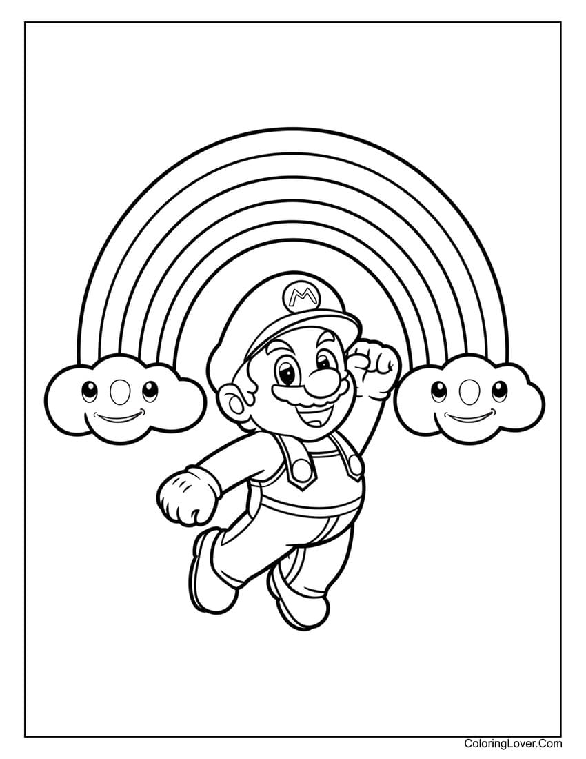 Mario jumping under rainbow coloring sheet