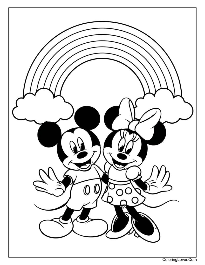 Mickey and Minnie under rainbow coloring sheet