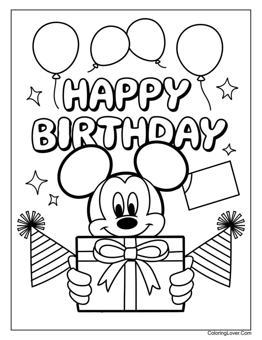 Mickey Mouse holding present happy birthday coloring page