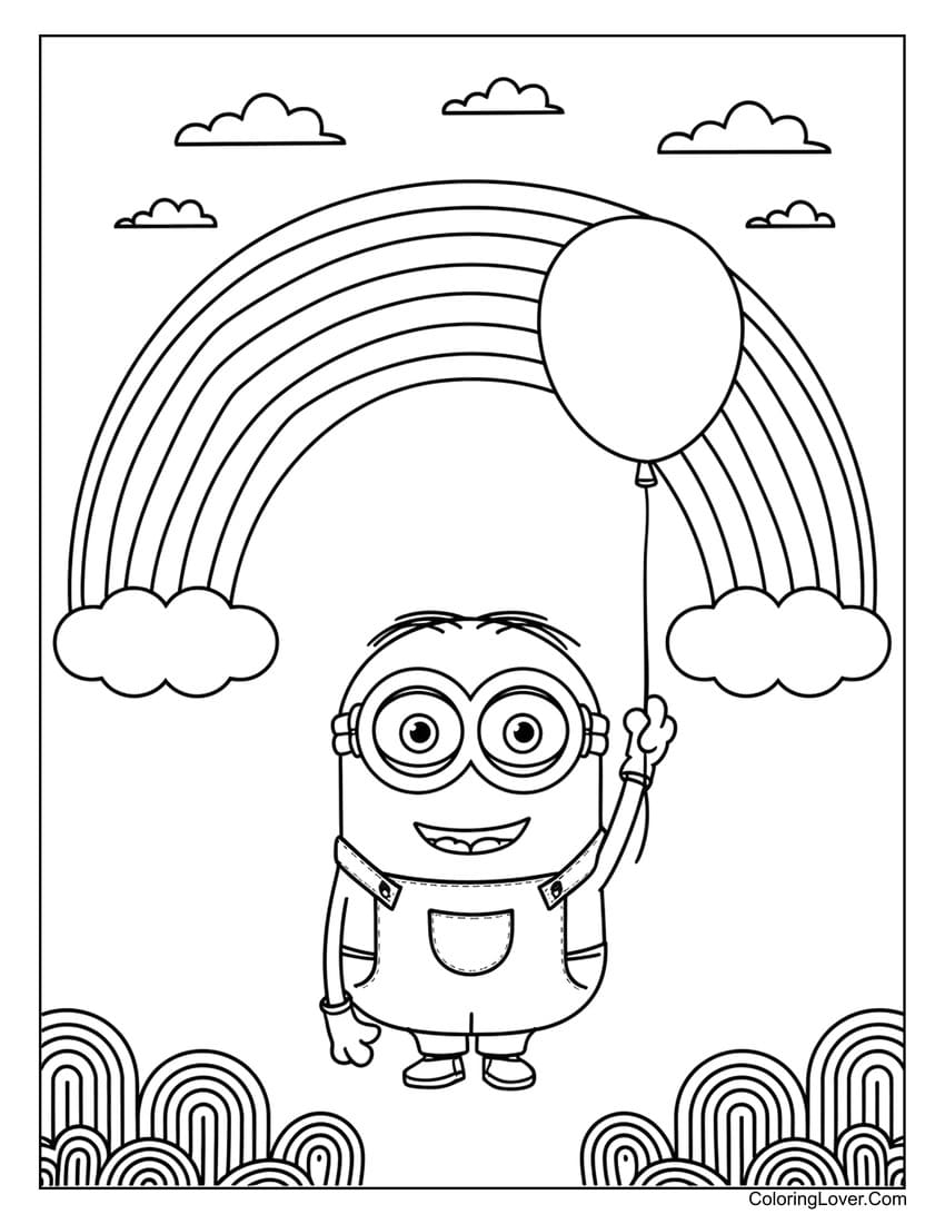 Minion with balloon under rainbow coloring page