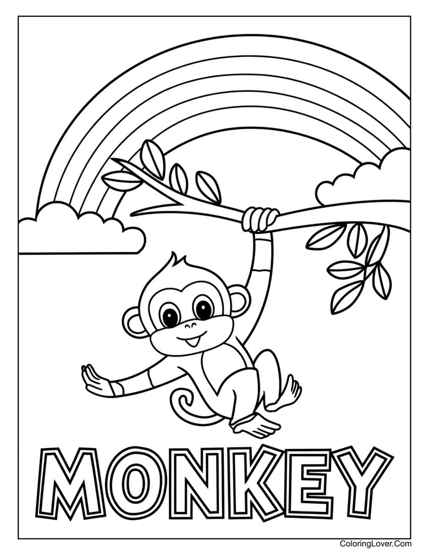 monkey hanging from tree with rainbow coloring page