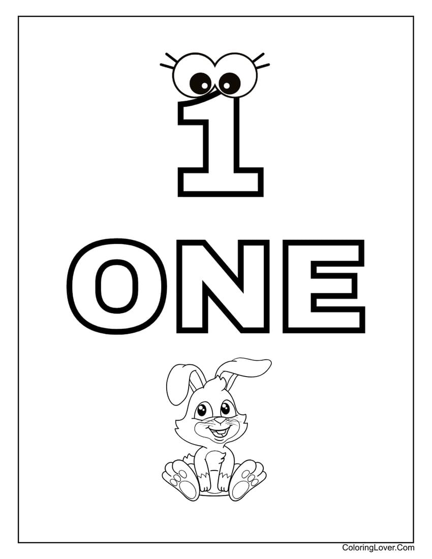 Number 1 coloring page with a cute rabbit for kids
