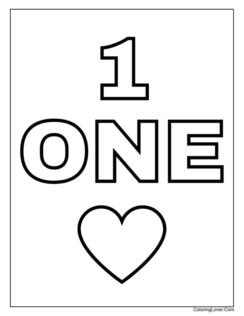 Number 1 coloring page with a heart for preschoolers
