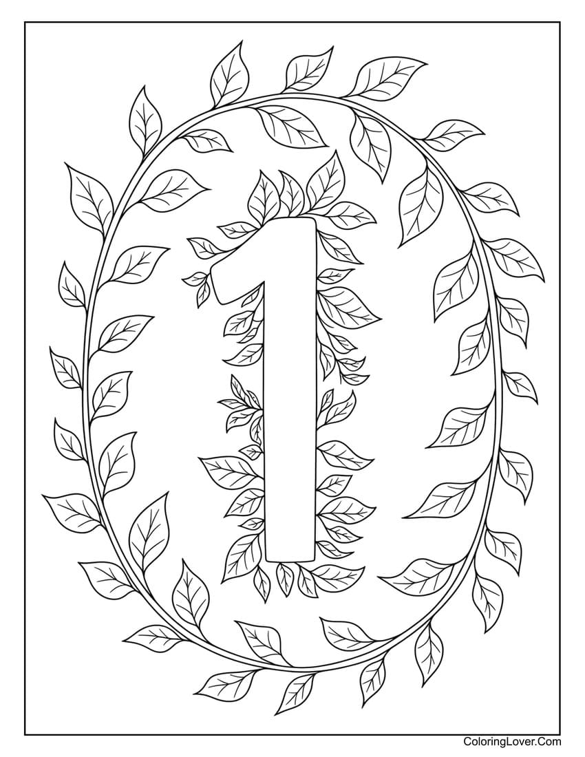 Number 1 coloring page with leafy vines